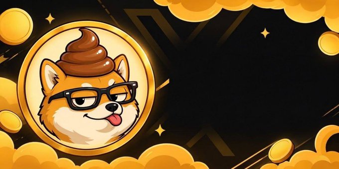 A cartoon illustration of a Shiba Inu dog wearing black glasses and a swirl of chocolate-like poop on its head, set against a gold coin and cloud background — reminiscent of a meme coin mascot.