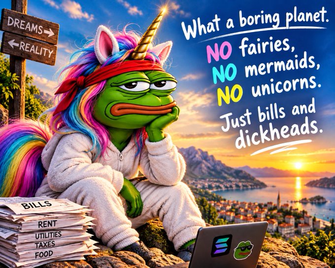 A Pepe-style character dressed as a unicorn with rainbow mane sits on a rocky cliff above a coastal town, with text reading 'What a boring planet. NO fairies, NO mermaids, NO unicorns. Just bills and dickheads.' next to stacks of bills labeled 'BILLS', 'RENT', 'UTILITIES', 'TAXES', and 'FOOD'.