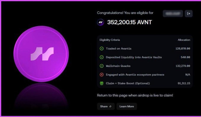 The image shows an airdrop eligibility confirmation page for **352,200.15 AVNT** tokens, listing criteria such as "Traded on Avantis" (128,878.00 allocation), "Deposited liquidity into Avantis Vaults" (549.80), "Wallchain Quacks" (132,270.00), and an optional "Claim + Stake Boost" of 91,311.15. 

The image relates to the post by highlighting how airdrop farming on perp DEX projects like Avantis (AVNT) has historically generated community buzz and FOMO, with the poster speculating that **TxFlow_L1** could be the next "Lighter"—another perp DEX that captured massive attention through its airdrop.