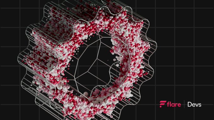 A 3D abstract graphic with red and white particles arranged in a circular, layered geometric structure on a black background, branded 'Flare | Devs' in the bottom right.