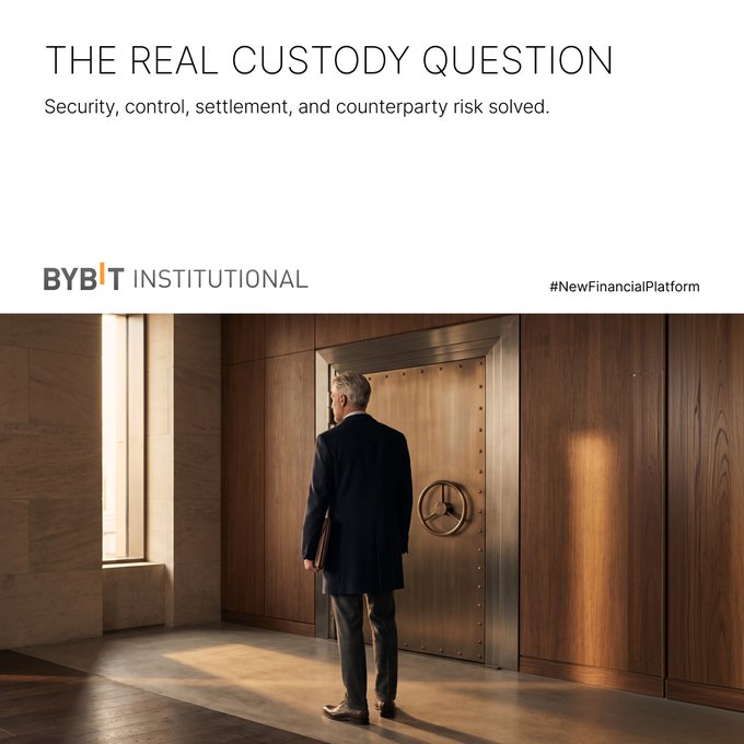 A man in a suit stands before a large bank vault door in a wood-paneled room, beneath the headline "THE REAL CUSTODY QUESTION" and Bybit Institutional branding. The image visually reinforces the post's message that true institutional custody goes beyond physical security to encompass control, permissions, settlement, and counterparty risk.