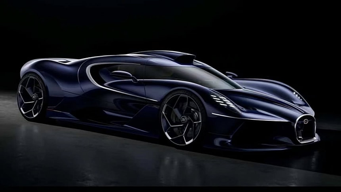 A sleek dark blue Bugatti hypercar is displayed against a black background, showcased as the aspirational "Bugatti Destrier" reward referenced in the post for those who "lock in." The luxury vehicle features the iconic Bugatti badge on its front grille, highlighting the exclusive motivation tied to the "lock in" message.