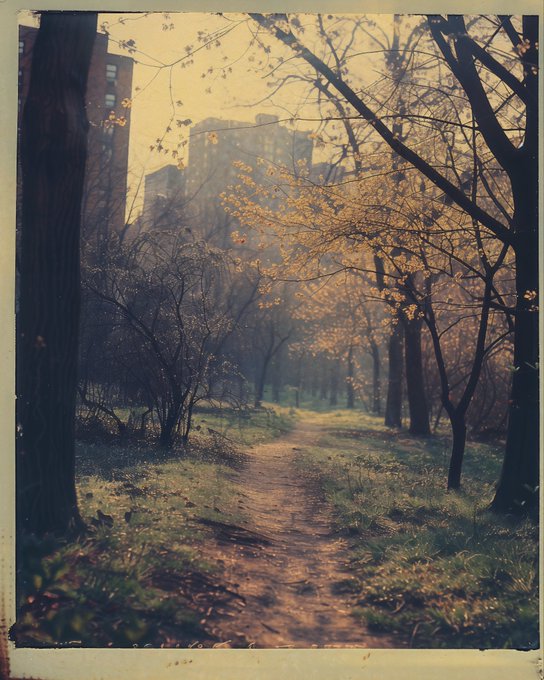 A dirt path winds through a misty park with autumn trees, framed by distant city buildings in warm sepia tones, evoking a quiet, reflective mood. The solitary trail mirrors the post's contemplative tone, symbolizing a journey through uncertain health and life's fleeting nature.