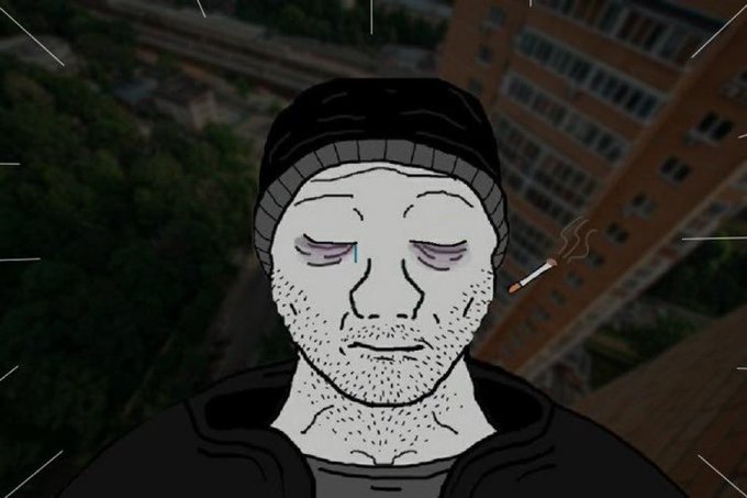 A black and white Wojak-style illustration of a bearded man wearing a beanie with closed, teary eyes and a smoking cigarette, set against a blurred apartment building background.
