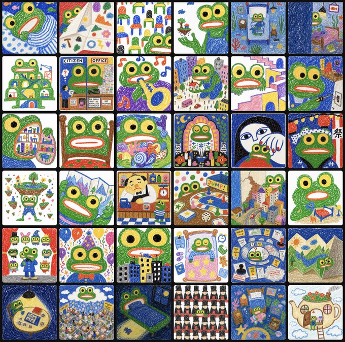 A grid of 30 small, colorful, childlike drawings featuring Pepe the Frog in various scenes, including wearing a party hat, in a police uniform, and with the Mona Lisa.