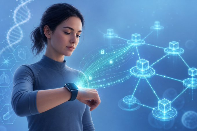 A woman in athletic wear glances at her smartwatch, which projects streams of biometric data, padlock icons, and binary code that connect into a glowing blockchain network of nodes and cubes—visualizing how her wearable's health data feeds into a decentralized AI training system while remaining securely under her control.