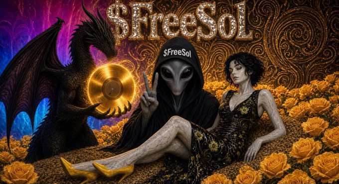 A fantasy collage depicts a woman in a black dress beside an alien figure in a '$FreeSol' hood, with a dragon holding a golden record, set among orange roses.
