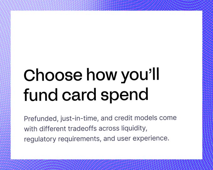 A graphic with a purple textured background displaying the text 'Choose how you'll fund card spend' with information about prefunded, just-in-time, and credit models.