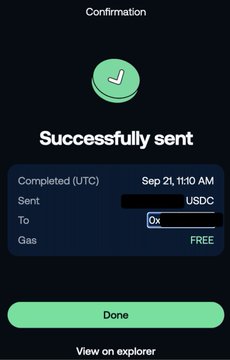 A confirmation screen showing a successful USDC transfer completed on September 21 at 11:10 AM UTC, with gas fees marked as "FREE," illustrating the zero gas fee capability for stablecoin transfers on the Sui network.
