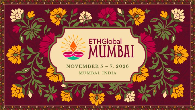 A decorative floral-patterned banner for ETHGlobal Mumbai, dated November 5-7, 2026 in Mumbai, India.