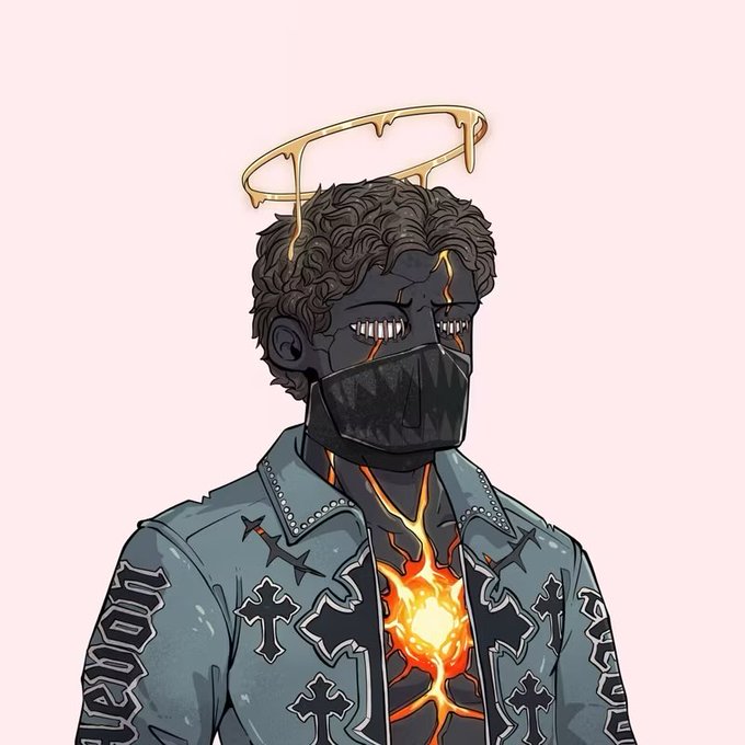 An anime-style illustration of a character with curly hair, a mask, and a glowing cracked chest, wearing a golden halo above their head.