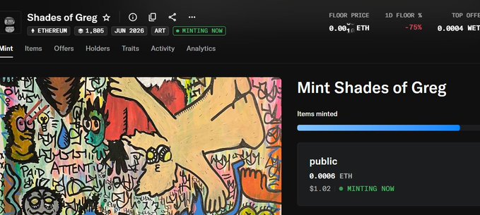 The image is a screenshot of a webpage that features an artwork with an abstract, colorful design. Below this art piece, there is text indicating that mint shades of Greg are being offered for sale, with pricing information provided. The webpage also highlights that Minted is interested in buying or selling this particular artwork on the exchange.