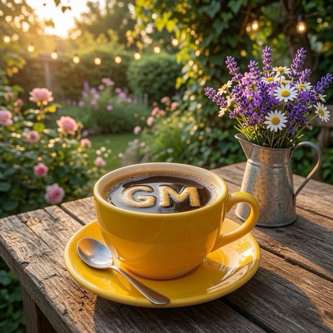 A bright yellow coffee cup sits on a weathered wooden table in a sunlit garden, with the letters "GM" creatively spelled out in the coffee foam, accompanied by a small pitcher of lavender and daisies. The image ties into the "GM Winners" theme by presenting the "Tea or Coffee?" choice through the bold "GM" branding in the cup, inviting viewers to pick their morning brew.