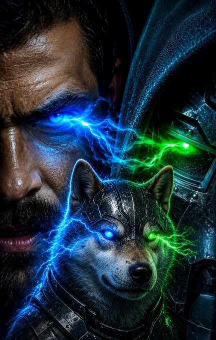 A digital artwork depicting a bearded man with glowing blue eyes alongside a Shiba Inu dog wearing mechanical armor, both emanating blue and green lightning energy.