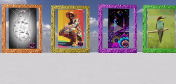 Four vertical, colorful decorative banners or framed pictures with various artistic designs, including birds and abstract patterns, stand against a sky background.