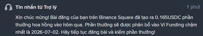 A Vietnamese-language notification from Binance Square congratulating a user for earning 0.165 USDC in referral commission, with the reward to be distributed to their Funding wallet no later than 2026-07-02. The caption humorously reflects on the tiny payout, joking that one day it might amount to a more meaningful $165.