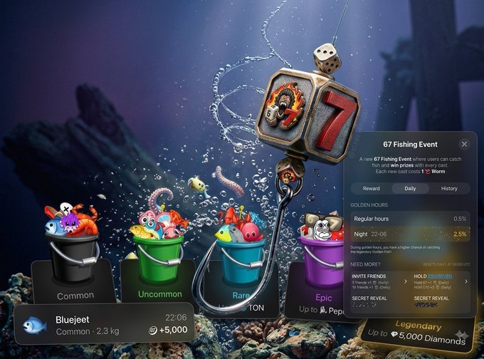 An underwater game promotional screen advertises a '67 Fishing Event' with Common, Uncommon, Rare, and Epic buckets of fish and rewards up to 5,000 Diamonds.
