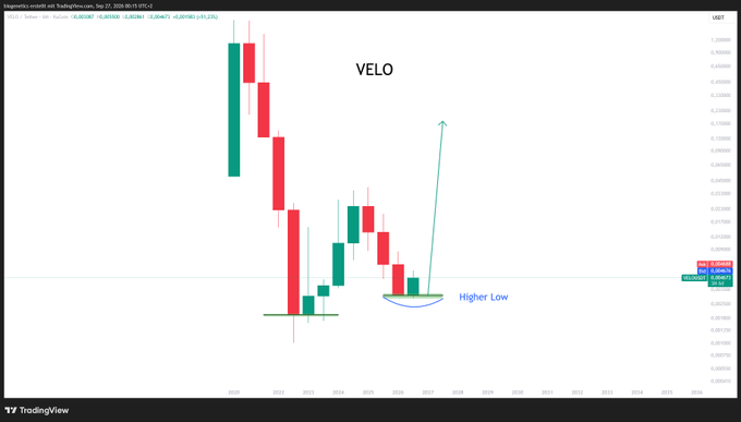 A TradingView candlestick chart of VELO showing a 'Higher Low' pattern with green and red candles and a projected upward arrow.
