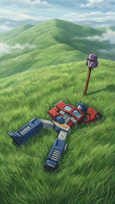 Anime-style illustration of Optimus Prime, the Transformers character, lying in a grassy field beneath a cloudy sky with a hammer stuck in the ground.