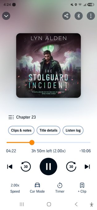 A screenshot of an audiobook player showing 'The Stalguard Incident' by Lyn Alden, currently playing Chapter 23 with 3h 50m remaining at 2.00x speed.