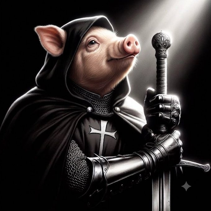 A digital artwork of an anthropomorphic pig wearing dark knight's armor and a hooded cape, holding a sword upright against a dark background.