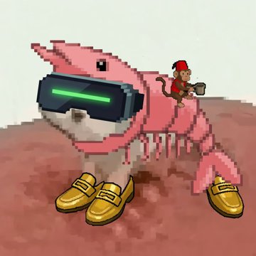 Pixel art of a pink shark wearing VR goggles and yellow shoes, with a small monkey riding on its back holding a device.