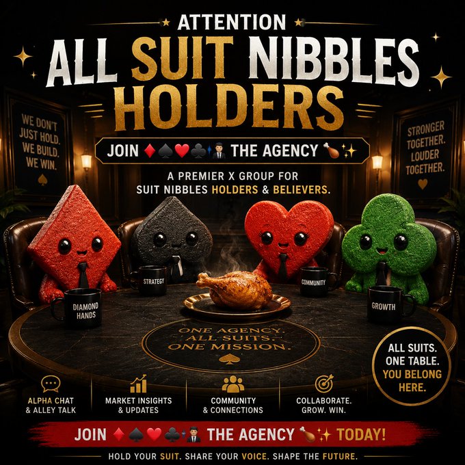 A promotional graphic reading 'ATTENTION ALL SUIT NIBBLES HOLDERS - JOIN THE AGENCY' featuring card suit characters (diamond, spade, heart, club) seated around a table with a roasted chicken, advertising a 'premier X group.'