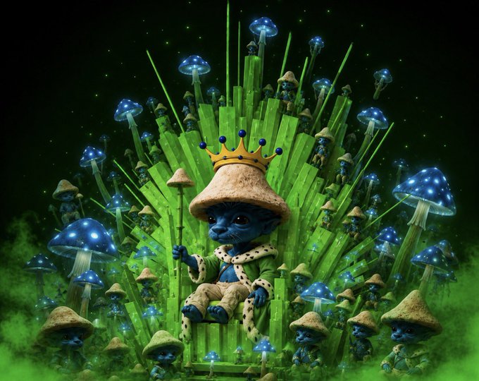 A surreal digital illustration shows a blue, cat-like creature wearing a crown sitting on a green throne, surrounded by smaller mushroom-hatted figures and glowing blue mushrooms.