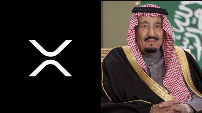 Split image showing the XRP (Ripple) logo on a black background on the left and King Salman of Saudi Arabia wearing traditional Saudi attire on the right.
