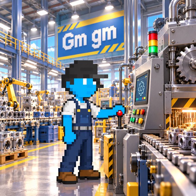 A pixel art character with blue skin, wearing blue overalls and a white shirt, stands in a factory setting next to industrial machinery, with a yellow and blue sign reading 'Gm gm' in the background.