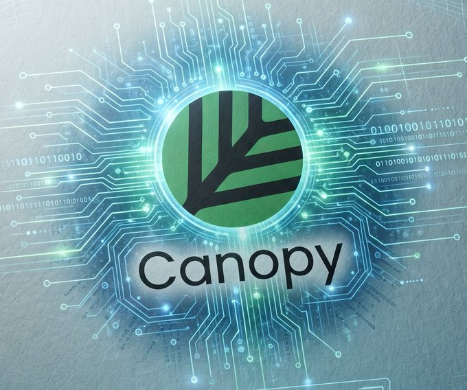 A digital/tech-themed image showing a green tree logo inside a glowing circle on a circuit board background, with the word 'Canopy' displayed below.