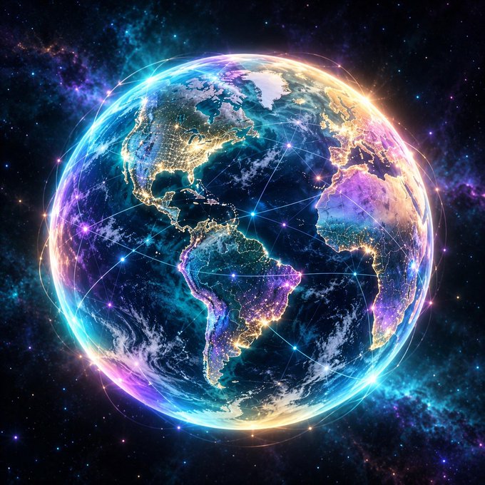 A vibrant, artistic rendering of Earth in space showing the Americas, surrounded by glowing neon colors and starry cosmic background.