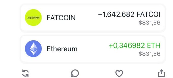 A cryptocurrency app displays a portfolio showing 'FATCOIN' down 1.642.682 (valued at $831.56) and 'Ethereum' up 0.346982 ETH ($831.56).