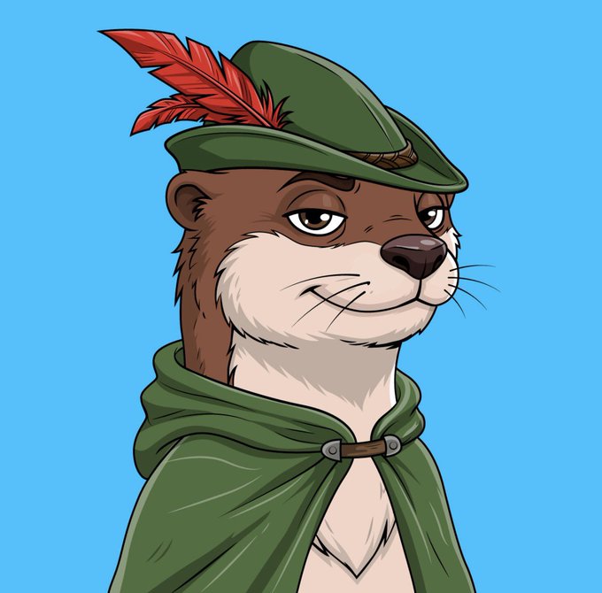 A cartoon otter wearing a green Robin Hood-style hat with a red feather and a matching green hooded cloak stands against a light blue background, visually representing the "🦦" emoji used in the post to reinforce the animal mascot theme of the Otto Clubhouse community announcement about whitelist spots filling up.