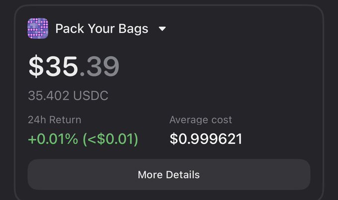 A screenshot of a crypto portfolio card named "Pack Your Bags" shows a balance of $35.39 (35.402 USDC) with a 24h return of +0.01% (<$0.01) and an average cost of $0.999621, humorously referencing Moonpay through the cheeky app name and small dollar amount.