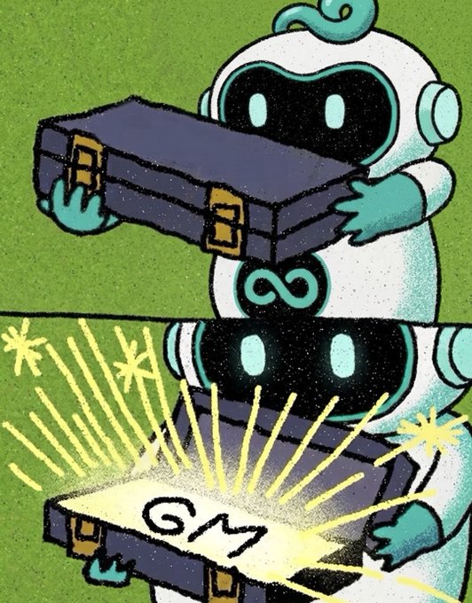 A cartoon robot with an infinity symbol on its chest opens a briefcase, revealing a glowing "GM" inside, playfully illustrating the act of "securing the daily gm."