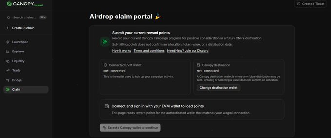 An airdrop claim portal on the Canopy platform where users submit current reward points for possible consideration in a future CNPY distribution, with sections for connected EVM wallet and Canopy destination.