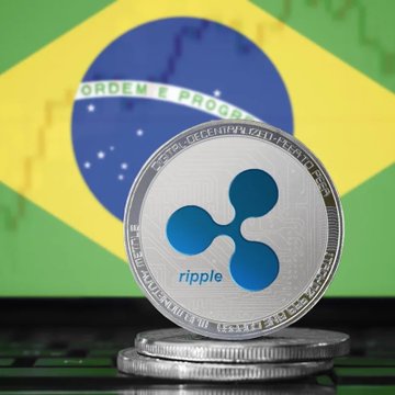 A silver Ripple (XRP) coin is prominently displayed in the foreground against the backdrop of the Brazilian flag, visually reinforcing the news about Brazil's financial sector testing the XRP Ledger for tokenized fixed-income assets. The Ripple logo is clearly visible on the coin's face, tying directly to the cryptocurrency mentioned in the accompanying post.
