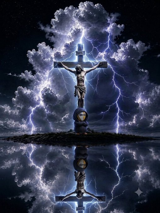 A dramatic digital artwork depicts a crucifix with a figure resembling Jesus, but wearing a hooded figure with a yellow smiley face mask, surrounded by storm clouds and lightning, with its reflection mirrored in the water below.