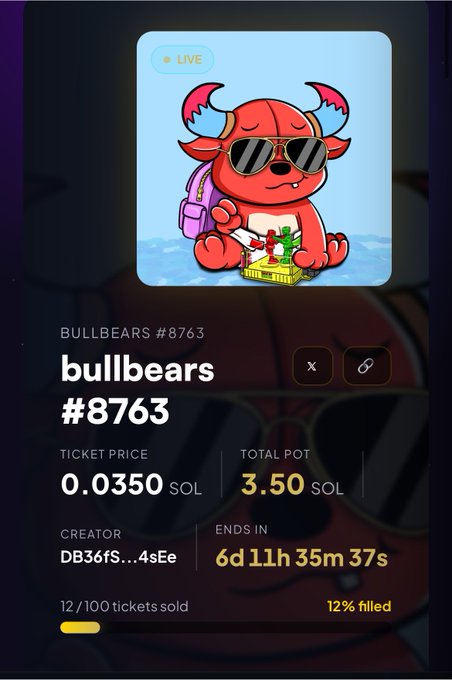 A "BULLBEARS #8763" NFT is being live-raffled on SolanChain.io with a 0.0350 SOL ticket price and a 3.50 SOL total pot, ending in 6d 11h 35m 37s. The image shows the listing details, matching the post's promotion of raffling a baby bullbear NFT for 0.03 SOL.