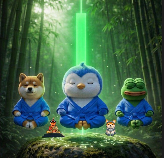 The image features a group of three stuffed animals, including two dogs and one penguin, sitting together with their eyes closed as if meditating or taking a nap. The background consists of trees and bamboo plants, creating a serene forest setting for this scene. The caption "gm. aura maxxxing starts now you ready" suggests that the image is related to an advertisement or promotional material for a meditation app or mindfulness practice.