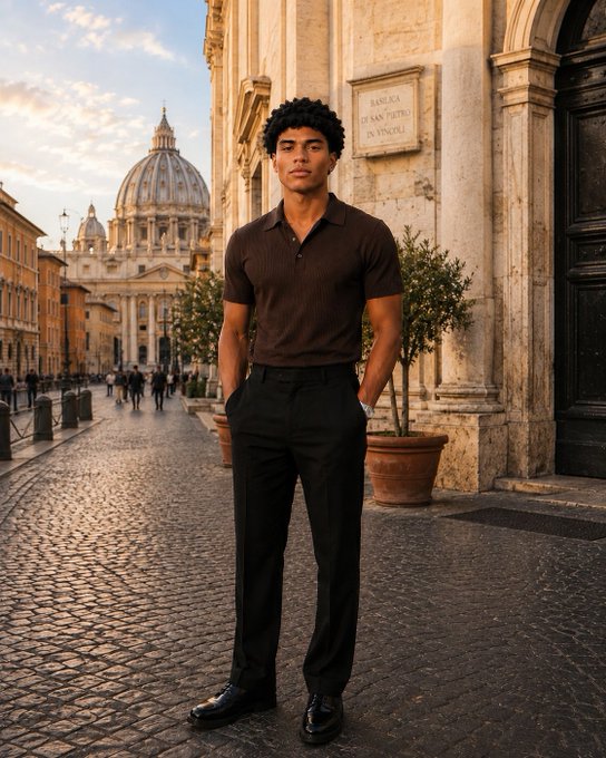 Stylized photo of a man in a brown polo and black pants standing on cobblestone street with St. Peter's Basilica visible in the background.