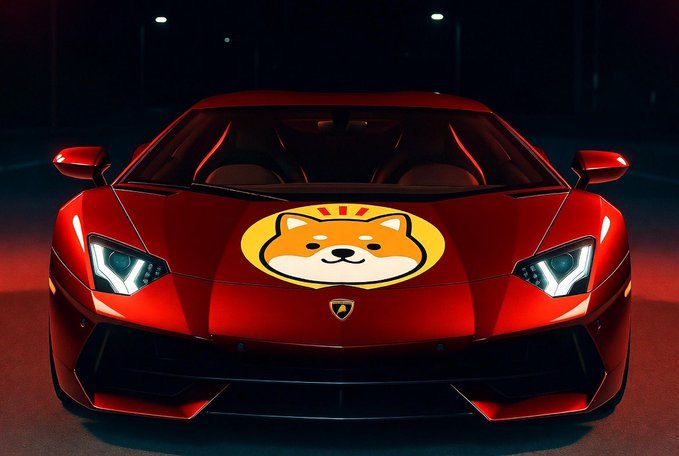 A red Lamborghini sports car with a Shiba Inu dog emblem on the hood is parked at night with its headlights illuminated.