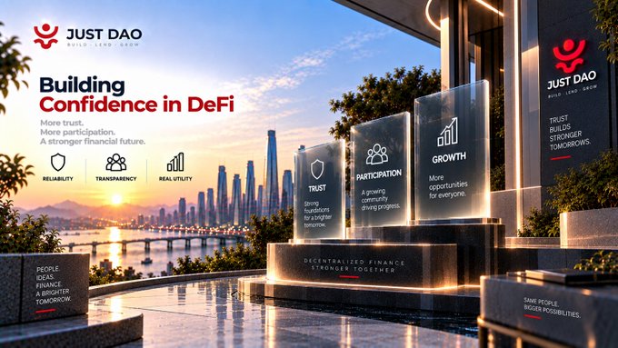 An advertisement for 'JUST DAO' titled 'Building Confidence in DeFi', showcasing pillars representing Trust, Participation, and Growth against a modern city skyline at sunset.