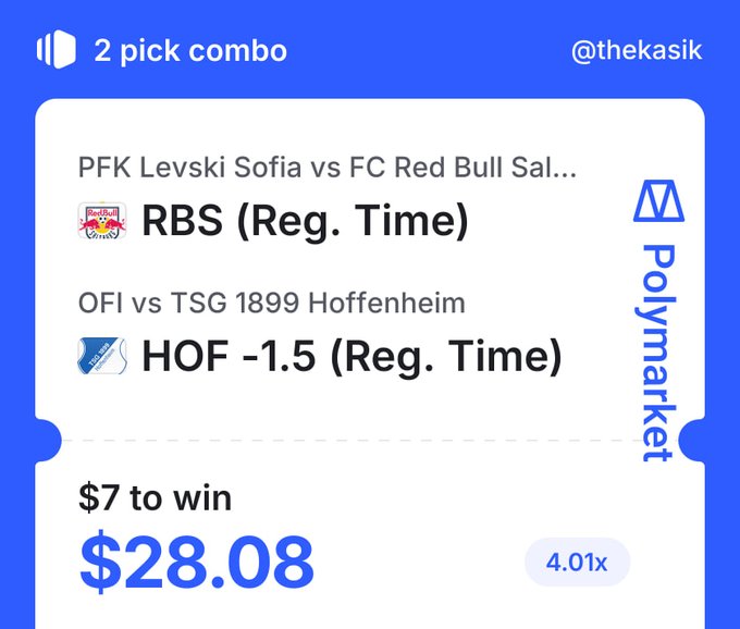 A Polymarket 2-pick combo featuring PFK Levski Sofia vs FC Red Bull Salzburg (RBS to win in regulation) and OFI vs TSG 1899 Hoffenheim (HOF -1.5 in regulation), offering $28.08 payout on a $7 bet at 4.01x odds, shared by @thekasik alongside Europa League picks.