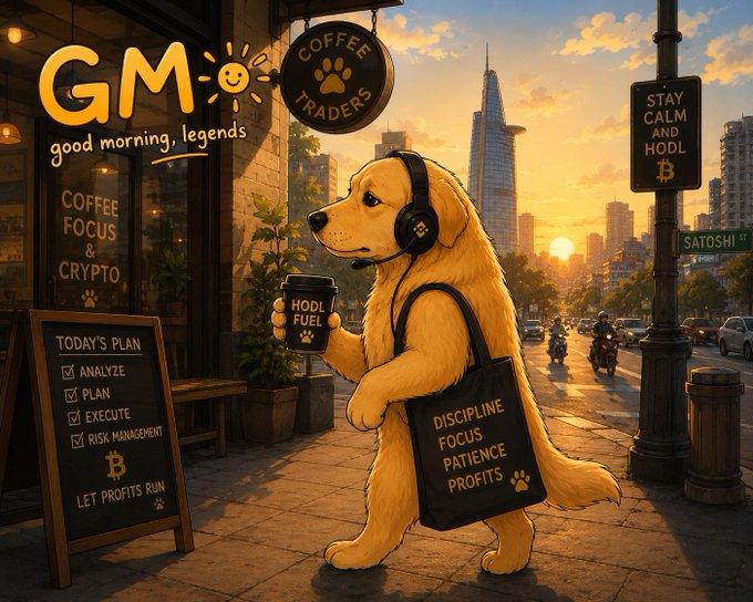 A stylized illustration of a golden retriever wearing headphones and holding a 'HODL FUEL' coffee cup, with a bag reading 'DISCIPLINE FOCUS PATIENCE PROFITS' on a city street.
