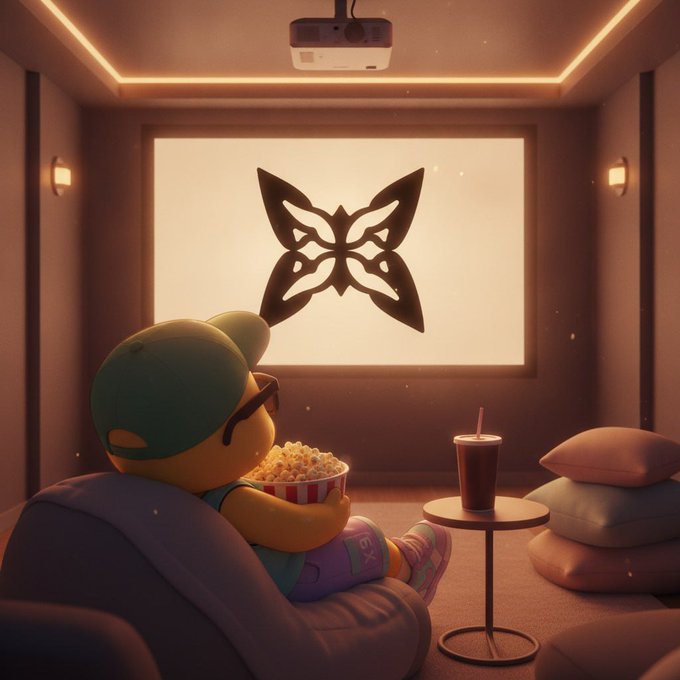 A 3D-rendered illustration of a cartoon character with a cap and sunglasses sitting on a beanbag watching a movie projected on a wall with a butterfly design.