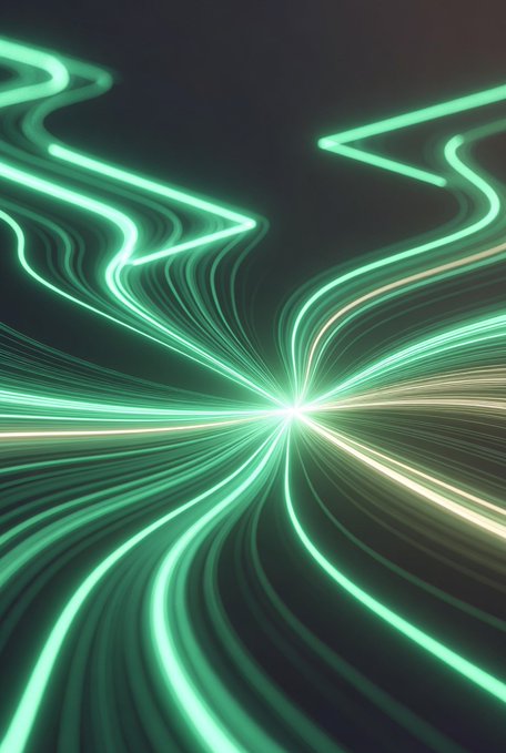An abstract digital artwork featuring swirling, glowing green and teal light trails radiating from a central point against a dark background, creating a sense of motion and energy.
