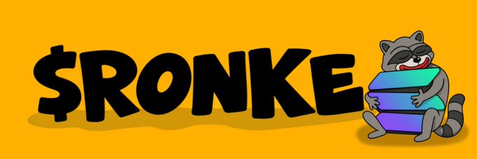 A cartoon raccoon hugs a stack of colorful Solan blockchain icons next to the text "$RONKE" on a bright orange background. The image relates to the post as the artist expresses frustration with how the $Ponke project's vision has shifted from their original creative work.
