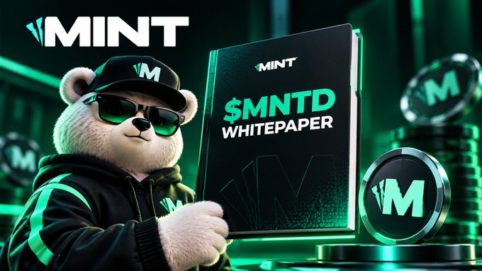 A 3D-rendered bear wearing sunglasses and a 'M' cap holds a '$MNTD WHITEPAPER' document next to a large MINT logo and M-emblazoned coin.